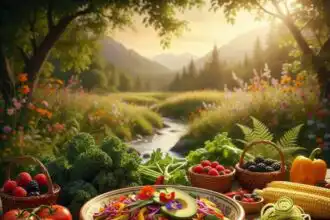 Vibrant vegetable salad with heirloom tomatoes, peppers, broccoli, and fresh herbs for healthy eating.