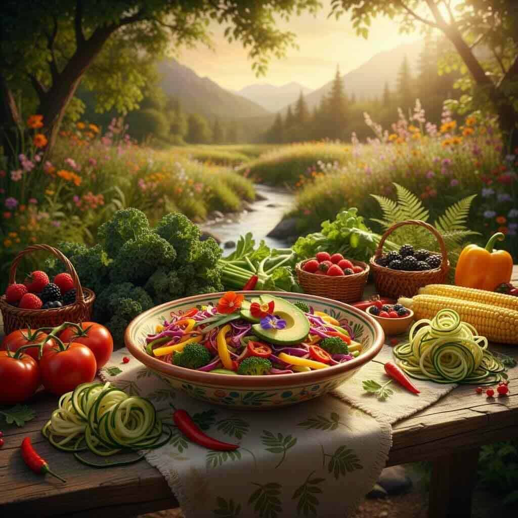 Vibrant vegetable salad with heirloom tomatoes, peppers, broccoli, and fresh herbs for healthy eating.