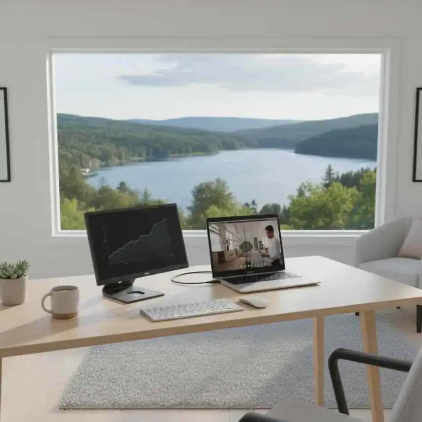 Bright home office overlooking lush forest and tranquil lake scenery.
