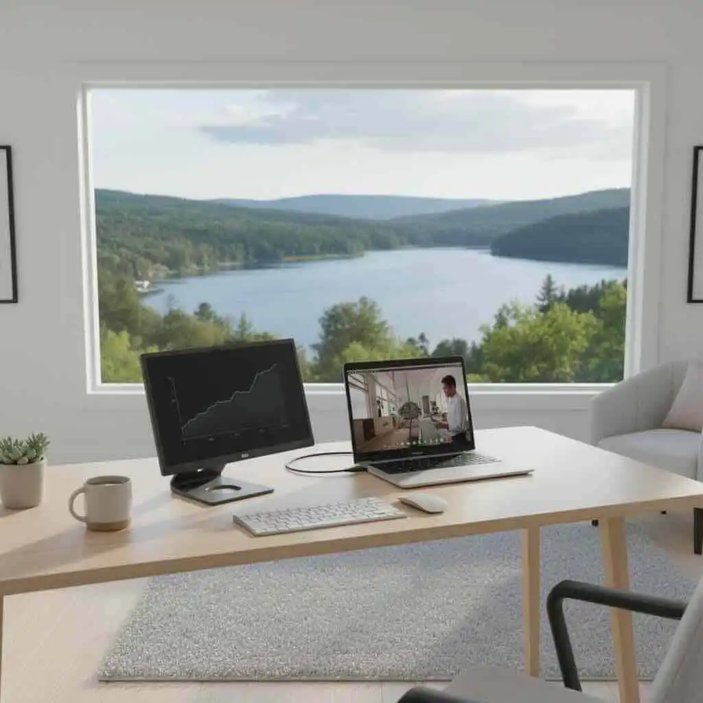 Bright home office overlooking lush forest and tranquil lake scenery.