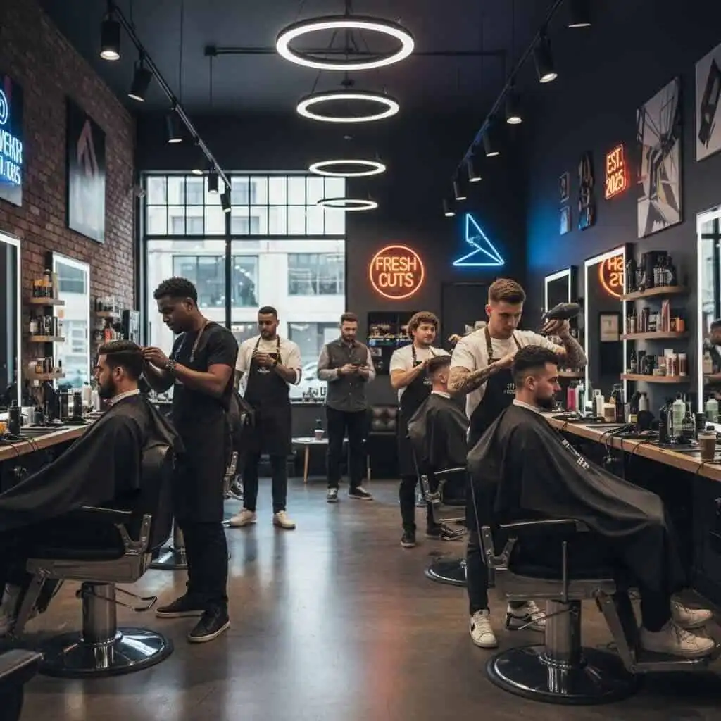 Modern men's grooming and haircutting with talented barbers in a contemporary barbershop.