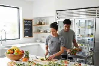 Two people preparing healthy meals with fresh fruits, vegetables, and food containers in a modern kitchen setting.