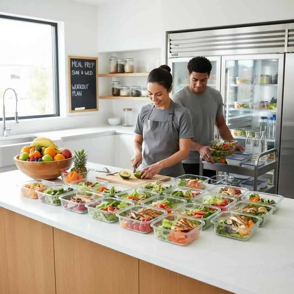 Two people preparing healthy meals with fresh fruits, vegetables, and food containers in a modern kitchen setting.