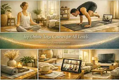 Online yoga class for beginners and advanced practitioners on a laptop.