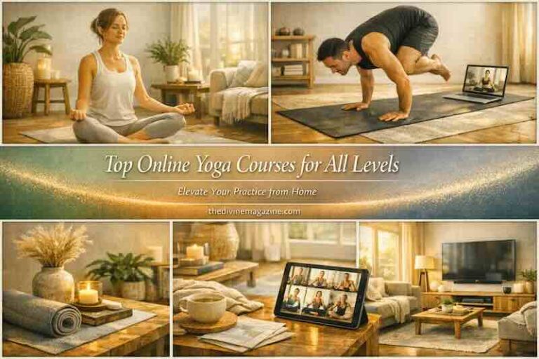 Online yoga class for beginners and advanced practitioners on a laptop.