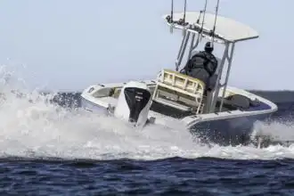 ALT: Fast-moving speedboat on water with person riding, surrounded by splashes.