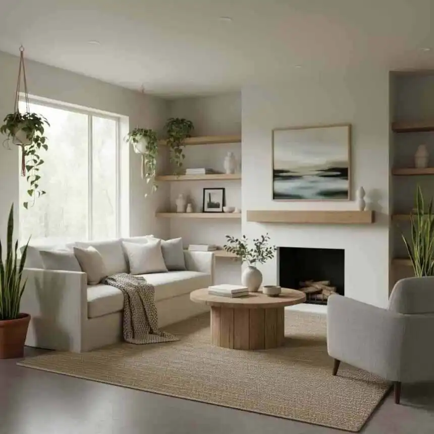 Bright living room with neutral tones, plants, and contemporary furniture for a relaxing vibe.