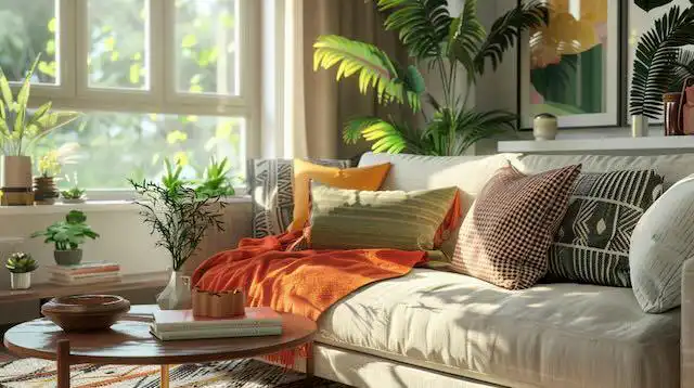 Bright living space with plants and colorful cushions, perfect for relaxing and home decor inspiration.