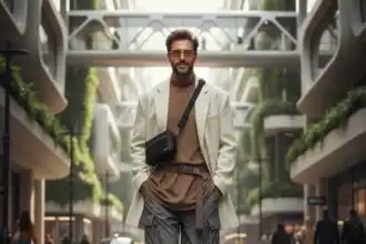 Modern man fashion, urban street style, chic travel look.