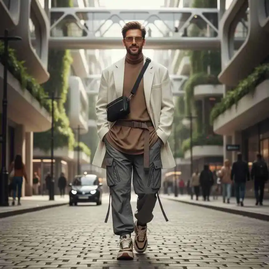 Modern man fashion, urban street style, chic travel look.