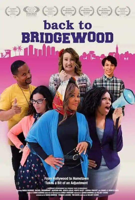 Diverse cast promotional image for "Back to Bridgewood" movie, showcasing a lively group of characters with a vibrant backdrop of city skyline.