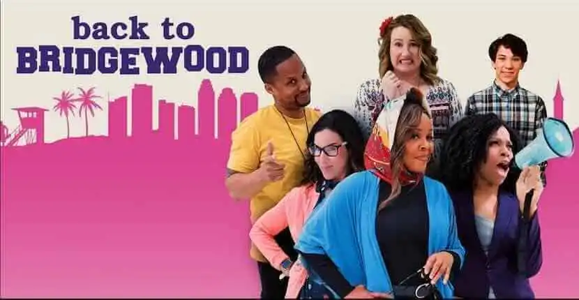 Diverse group of people with city skyline and palm trees in the background, promoting diversity and community in Bridgewood.