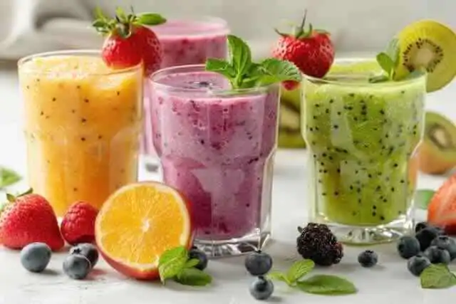 Bright and colorful fruit smoothies with berries, citrus, and greens.