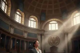 Elegant woman in professional attire stands in historic courtroom with grand architecture and government seal.