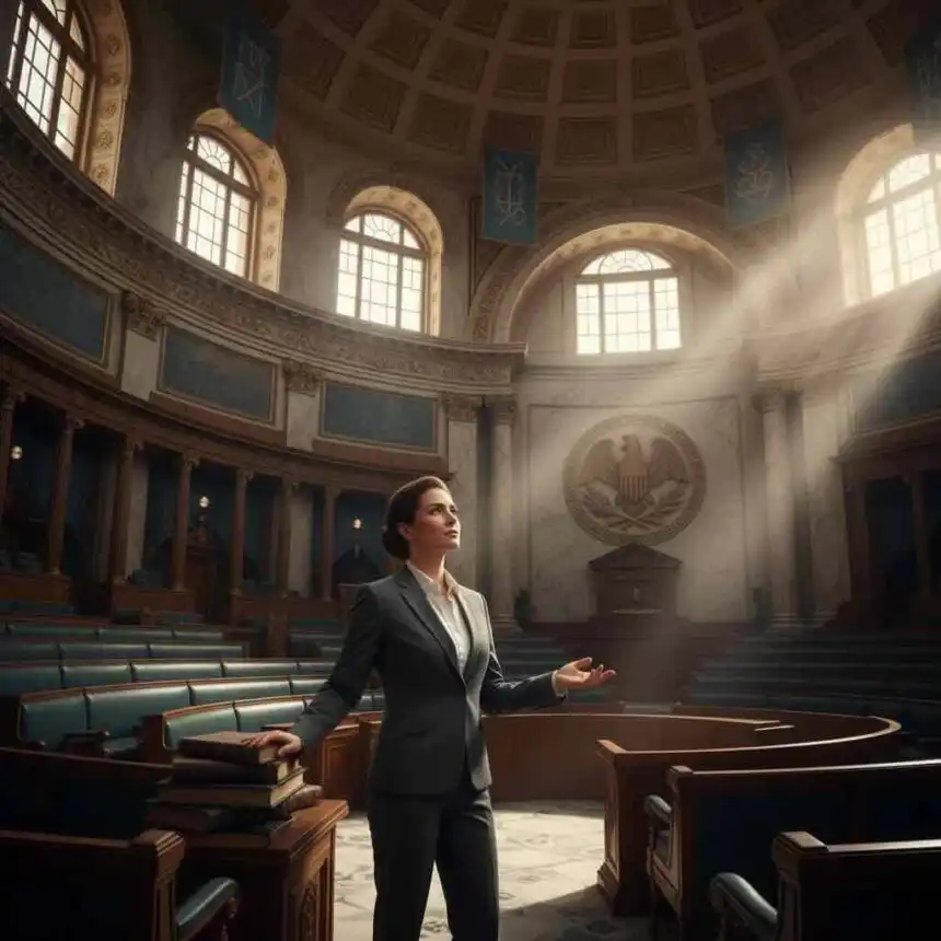Elegant woman in professional attire stands in historic courtroom with grand architecture and government seal.