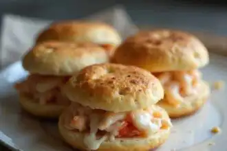 Delicious lobster and cheese sliders on a light plate, perfect for appetizers or snacks.