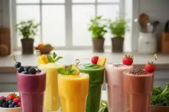 Vibrant assortment of fruit smoothies garnished with berries, mint, and fruit slices in a bright kitchen setting.