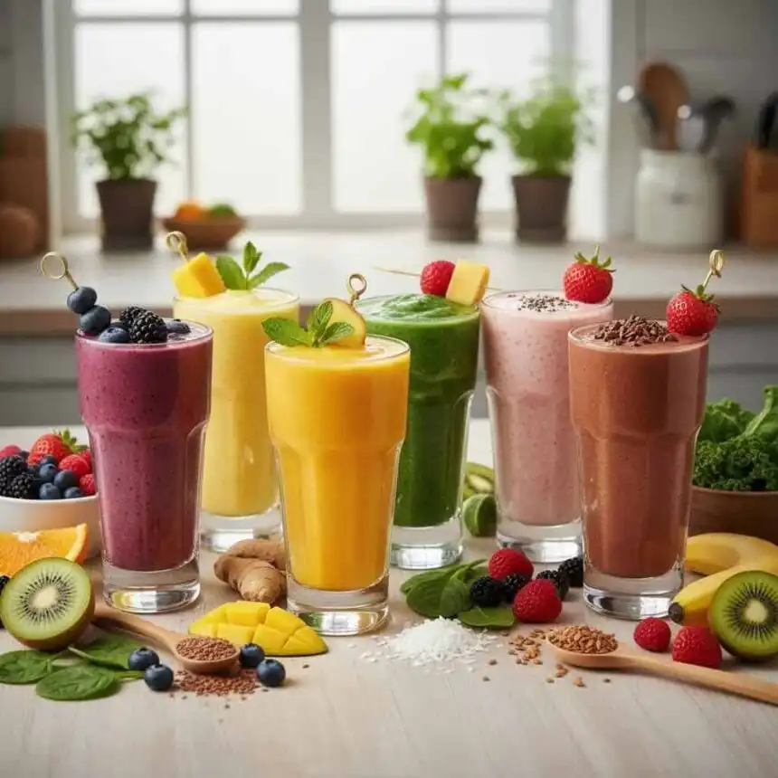 Vibrant assortment of fruit smoothies garnished with berries, mint, and fruit slices in a bright kitchen setting.
