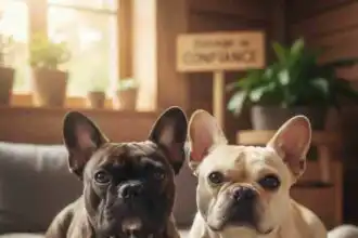 Adorable French Bulldogs sitting on soft blanket in warm indoor setting.