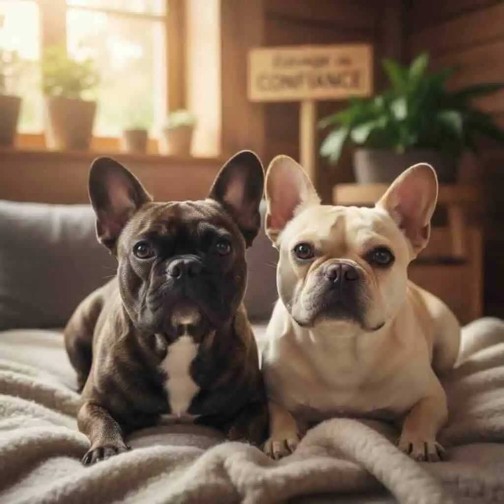 Adorable French Bulldogs sitting on soft blanket in warm indoor setting.