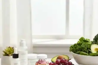 Aesthetic arrangement of skincare bottles, fruits, and vegetables emphasizing natural beauty and wellness.