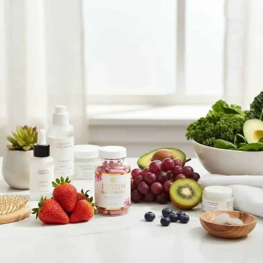 Aesthetic arrangement of skincare bottles, fruits, and vegetables emphasizing natural beauty and wellness.