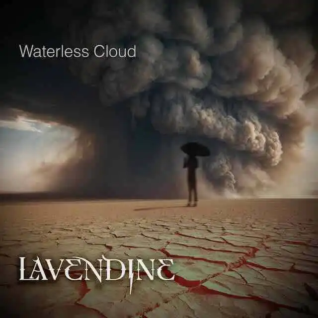 A person stands under a large dark storm cloud in a dry, cracked desert landscape.