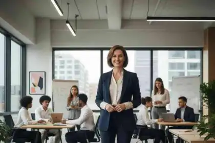Professional woman standing confidently in modern office with team in background.
