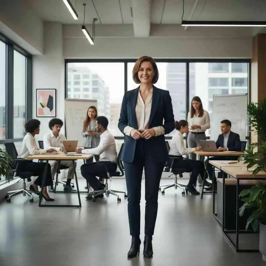 Professional woman standing confidently in modern office with team in background.