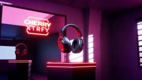 High-quality gaming headphones displayed at Cherry XTRFY booth in a tech exhibit setting.