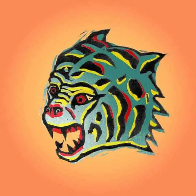 Vibrant tiger face illustration with colorful, abstract design for artistic inspiration.