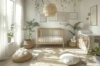 Light-filled nursery with natural decor, crib, soft furnishings, and indoor plants.