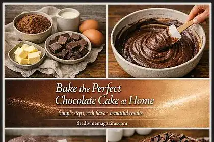 Rich chocolate cake with homemade frosting and toppings.