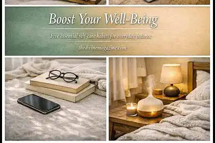 Relaxing self-care space with cozy items for boosting your well-being and daily self-care routines.
