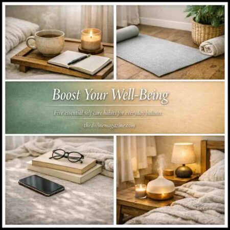 Boost Your Well-Being with 5 Essential Self-Care Tips Relaxing self-care space with cozy items for boosting your well-being and daily self-care routines.
