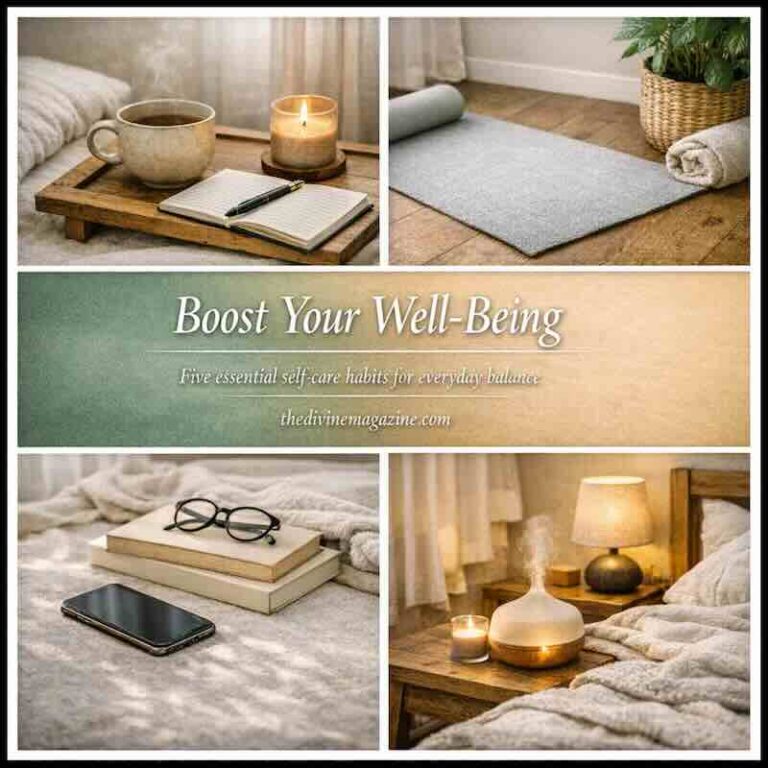 Relaxing self-care space with cozy items for boosting your well-being and daily self-care routines.