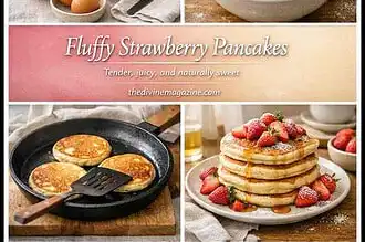Delicious fluffy strawberry pancakes with fresh strawberries and syrup.