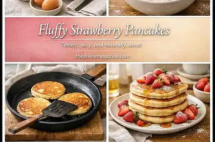 Delicious fluffy strawberry pancakes with fresh strawberries and syrup.