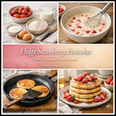 Fluffy Strawberry Pancakes Recipe: Perfect Morning Treat Delicious fluffy strawberry pancakes with fresh strawberries and syrup.