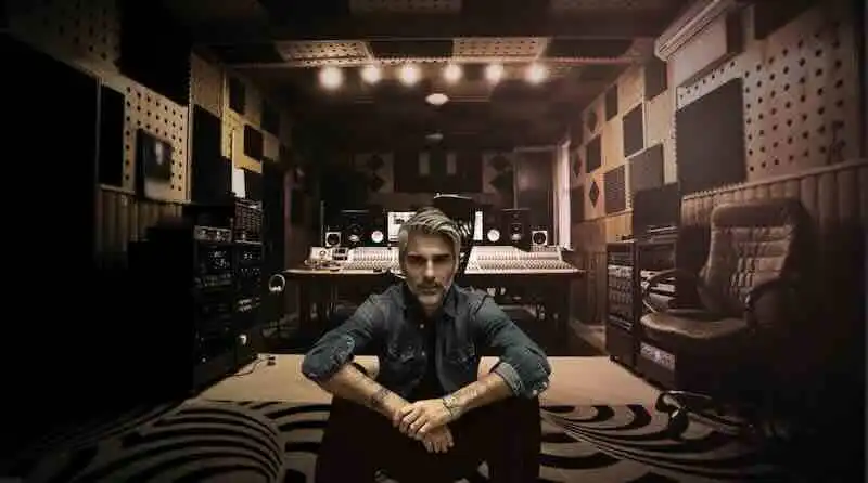 A man sitting in a professional music studio with sound equipment and acoustic treatment.