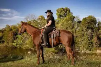 Outdoor horseback riding amid lush trees and blue sky.