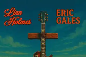 Guitar with a cross in a desert scene, country music background, album titled "Whipping Post".