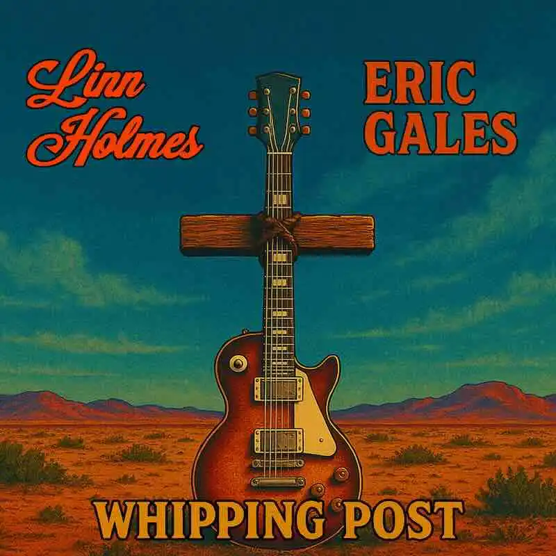 Guitar with a cross in a desert scene, country music background, album titled "Whipping Post".