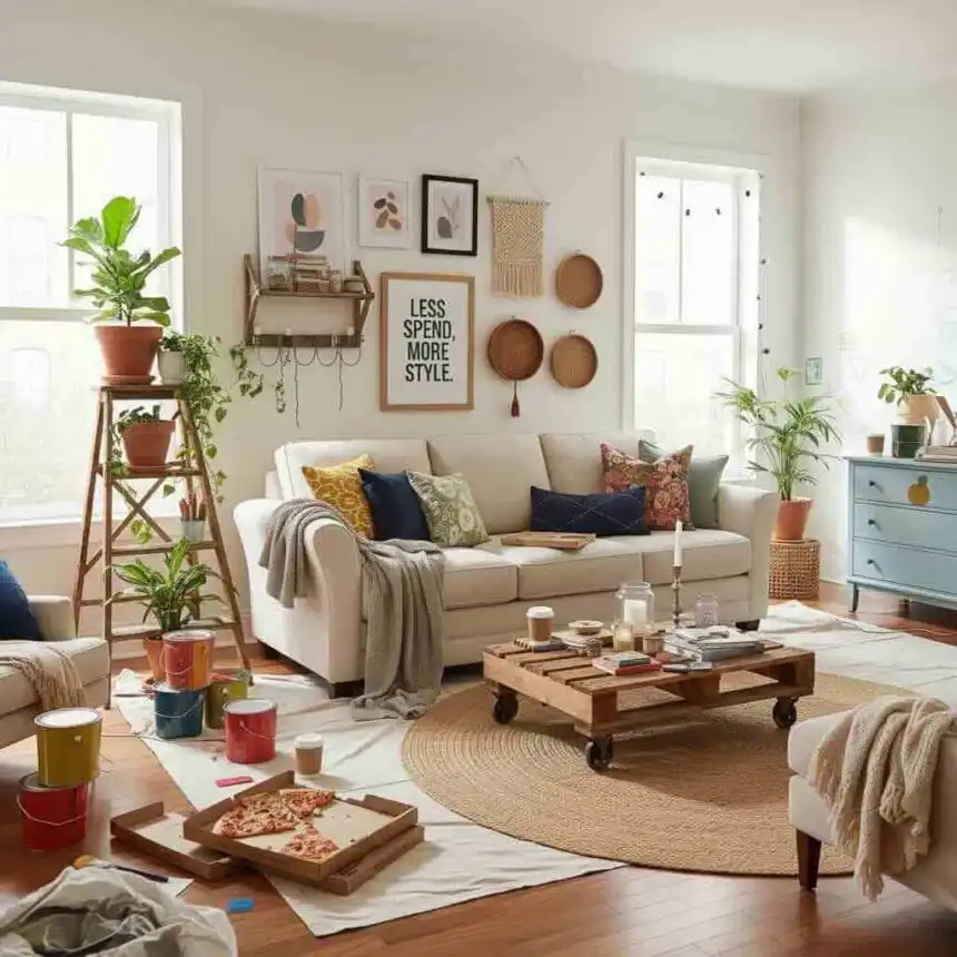 Bright living room interior featuring plants, stylish wall art, and cozy furniture accents.