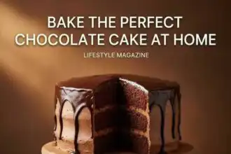 Delicious chocolate cake with rich frosting displayed on a wooden stand, surrounded by baking ingredients for a perfect homemade dessert.