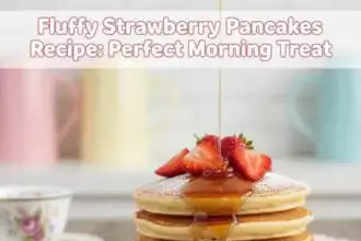 Delicious fluffy strawberry pancakes topped with fresh strawberries and syrup, perfect for a morning treat.