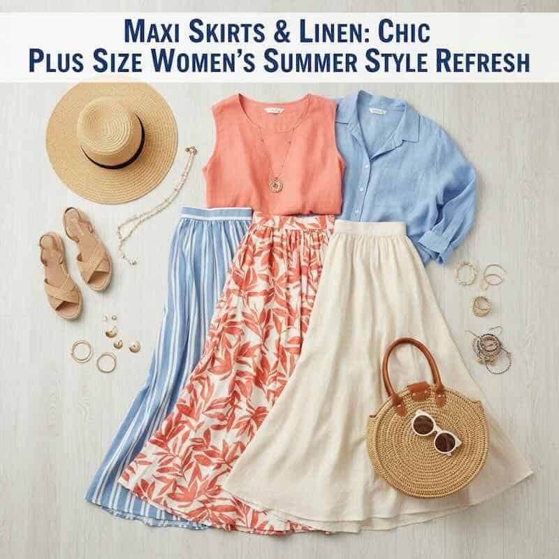 Stylish plus size women's summer maxi skirts with linen and floral prints for a chic, breezy look. Perfect for summer fashion.