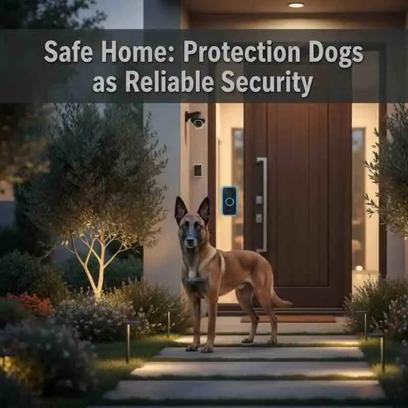 Protection dogs securing modern home entrance at dusk for safety.