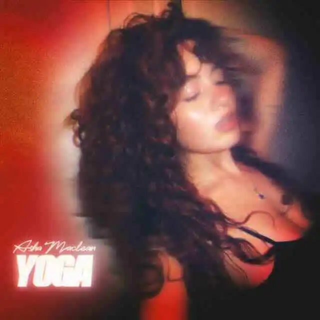 Sexy woman with curly hair in yoga pose, promoting confidence and wellness.