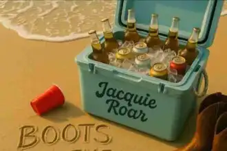 Cooler with bottles of beer on the beach with cowboy boots, sand, and summer vibe.